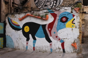 Palermo, Sicily, Italy (2017): An animal like I had never seen, this bright example of Sicilian street art livened my walks while approaching Palermo’s Mercato Ballaro.