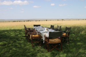 Breakfast in the bush is a typical treat offered by luxury safari camps. Sanctuary Olonana, a tented camp located on the Transmara Conservancy adjacent to the Maasai Mara National Reserve, prepared this one.