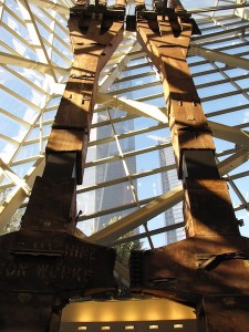 Tridents, two steel pieces salvaged from the Twin Towers, seen in the glass pavilion that gives access to the 9/11 Museum’s underground exhibits and artifacts. 