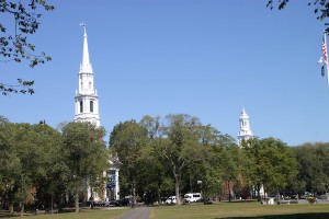 Churches face the town green in New Haven, Conn.