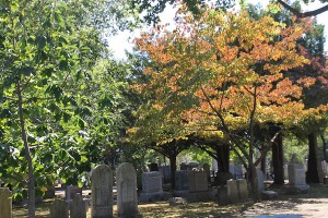 The park-like Grove Street Cemetery in New Haven, on an autumn day. It was America’s first chartered burial ground (1797).