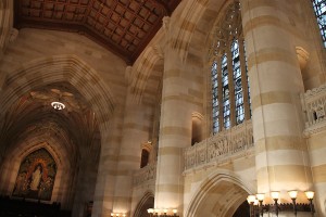 Interior of the Sterling Memorial Library, designed with many features imitative of a European Gothic cathedral.