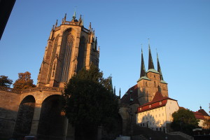 Erfurt’s Dom Cathedral and St. Severus Church in early morning light.