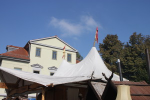 The tent roof on one stand at the Onion Festival that took on a medieval look.