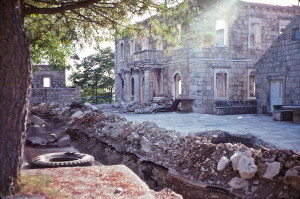 A 1993 photos of the same buildings, except that the open ditch that had been dug across the open square is easier to discern.