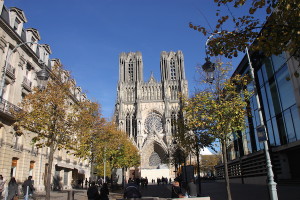 The approach to Reims Cathedral on a sunny October day. Construction on the cathedral began early in the 13th century, and it was the site of royal coronations beginning in 1223 (King Louis VIII).