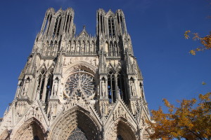 The indisputably gorgeous Reims Cathedral, enhanced with a touch of autumn color at right.