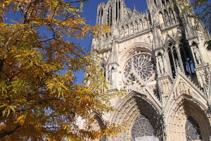 An over-the-top combo of fall colors and medieval gothic cathedral.
