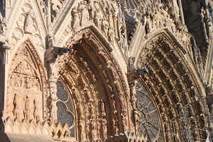 Details of Reims Cathedral, revealing the facade in extravagant detail.