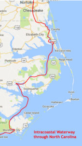A map of the Intracoastal Waterway, at least, part of it, showing its inland route not so far from the Atlantic Ocean.