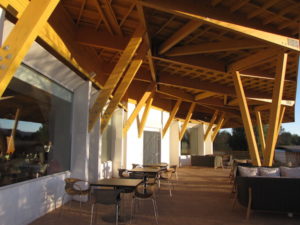 A veranda wraps around the public spaces at the Explora Atacama.