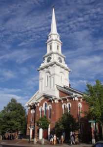The North Congregational Church on Market Square in Portsmouth’s historic center. George Washington attended services at this site during his 1789 visit, but this is a later brick version of the church he visited.