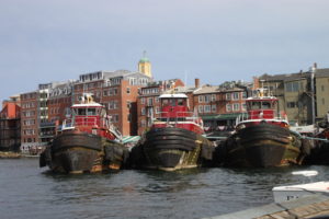 Tugboats lined up at the docks in Portsmouth.