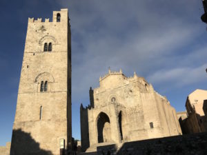 Above, the Erice Cathedral and its campanile. Below, a closer view of the 14th century cathedral, which my guidebook called austere.