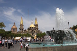 The Guadalajara Cathedral with fountain in the foreground.