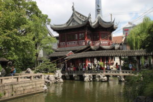Pavilion seen in Shanghai’s Yuyuan Garden, a vision somewhat compromised by inexplicable wires seen stretching from the lower left to upper right in this photo.