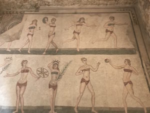 Much-loved Roman-era mosaic of women athletes dressed in what look like modern bikinis. This is part of an astonishing collection of mosaics at the third/fourth century Villa Romana a few miles outside Piazza Armerina. 