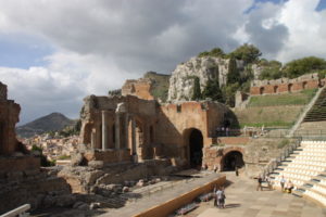 The Greek theater in Taormina, one of the top reason tourists visit the town — besides the town’s dramatic hilltop setting at the sea’s edge. Audience members in this theater, which has new seating for modern usage, can see the volcano, Mount Etna, in the distance.