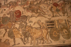A scene from the largest mosaic at the Villa Romana, a corridor about 180 feet long illustrating the capture of wild animals to bring to Rome.