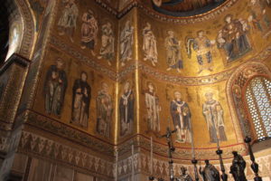A closer look at the disciples and saints depicted below and to the sides of the Christ Pantocrator in the apse at the Monreale Cathedral. 