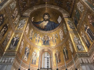 Mosaic of the Christ Pantocrator, the centerpiece in the apse in the Monreale Cathedral.
