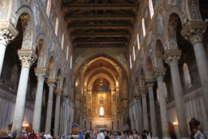 Overall view of the cathedral sanctuary showing how comprehensively the interior has been covered with mosaics.