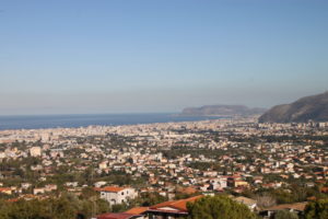 View of Palermo and the Mediterranean Sea from the hilltop town of Monreale, Sicily.