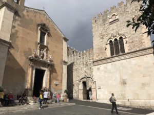 Santa Caterina church, left, and the Palazzo Carvaja, also on the pedestrianized route to Taormina’s Greek theater. 