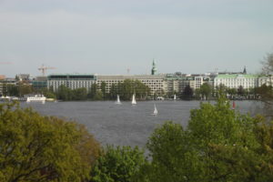 View of Hamburg’s Alster Lake from the seventh-floor terrace of the Fontenay hotel.