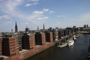 View of HafenCity, Hamburg’s redeveloped harbor area, seen from the Elbphilharmonie’s Plaza viewing area.