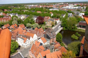 Above and below, differing overhead angles on the charming medieval section of Luneburg. The water tower viewing platform offers a 360-degree perspective on life below. 