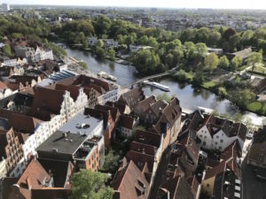 View of Lubeck rooftops and a stretch of the Trave River, which surrounds the city’s historic center.