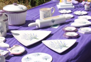 Items for sale, with the de rigueur touches of lavender, at the crafts fair during the Washington Lavender Festival on the grounds of the Washington Lavender Farm.