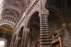 The memorable horizontally striped columns inside the Siena Cathedral.