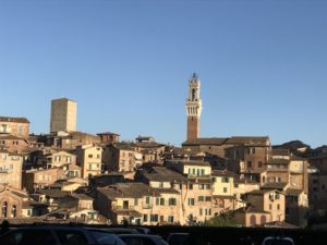 Late-day view of the Siena skyline, in this case highlighted by the tower on the City Hall building that sits on il Campo at the heart of the UNESCO-protected historic Siena.