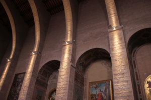 Interior of Gubbio’s 12th century cathedral with its unusual ribbing that wraps the nave.
