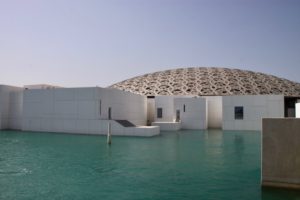 The waterside Louvre Abu Dhabi, noted architecturally for, among other things, its aluminum and steel dome.