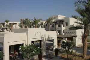The Jumeirah al Wathba Resort and Spa seen from the resort’s rooftop bar. In this low-rise facility, the rooftop is on the second floor.