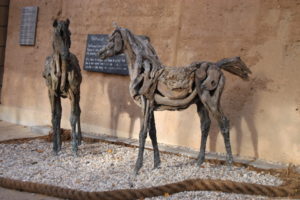 On the Eden Project grounds, two horses created from driftwood by artist Heather Jansch. They stand in front of a rammed earth wall, meaning a wall made of earth (clay, gravel, sand and silt) that was pounded into position. Some interiors of China’s Great Wall are of rammed earth, too, BTW.