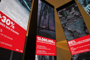 Centerpiece of the Museum of Tomorrow, a circle of video screens trumpeting, via constantly rotating displays, details of the Anthropocene (Age of Man) and man’s effects on Earth.
