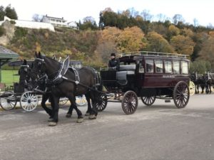 Horse-drawn carriages await passengers on the carless Mackinac Island.