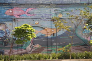Outdoor wall mural, featuring marine life, located just across a street from one of AquaRio’s entries.