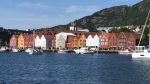 A total of 17 reconstructed Hanseatic League houses facing Bergen Harbor. The six at left were rebuilt after a 1955 fire. The 11 at right were reconstructed after a 1702 fire at a time when a few Hanseatic League personnel were still around. The 11 houses are part of the Bryggen UNESCO World Heritage Site.