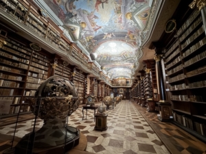 The 18th century Baroque Library Hall, in Prague’s Clementinum complex of buildings. In Dan Brown’s book, “The Secret of Secrets,” his main characters use the library as a hideout — and seem ready to set it on fire.