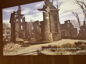 Above, one frame from a digitized film envisioning how Lower Manhattan probably looked after the 1776 Great Fire. This frame illustrates how the gutted Trinity Church may have appeared. Below, a frame illustrating how Bowling Green may have looked and showing the empty pedestal where the statue of King George III had stood. The fire did not reach this green. Bottom, a look at New York’s still-busy harbor, an area also not burned. The five-minute film, seen in “The Occupied City” exhibit, is a customized adaptation of material from the “Assassin’s Creed” video games.