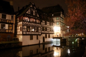 Nighttime views of half-timbered houses in La Petite France, a small section of Strasbourg’s Old Town.