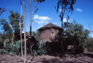 Traditional two-story round house in Lalibela, Ethiopia