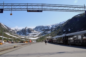 The Myrdal railroad platform at 2,841 feet above sea level. Don’t be fooled by the snow on the mountains in the background. In mid-June, it was warm on that platform. 