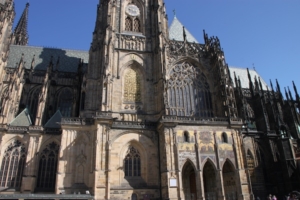 Above, the south exterior of St. Vitus Cathedral in Prague. Below, a closer look at the cathedral’s south exterior.