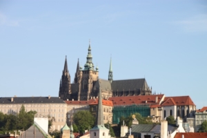 St. Vitus Cathedral, rising amidst buildings that are part of the Prague Castle complex.